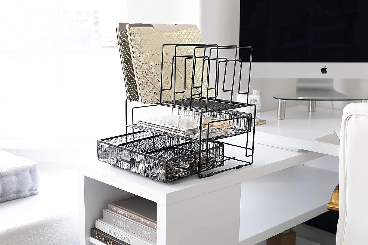 BLU MONACO Black Desk Organizer with File Sorters & Drawer | Metal Mesh Workspace Storage Rack | Desktop Organizer for Office Supplies, Papers & Folders | Multi-Compartment Desk Organization System