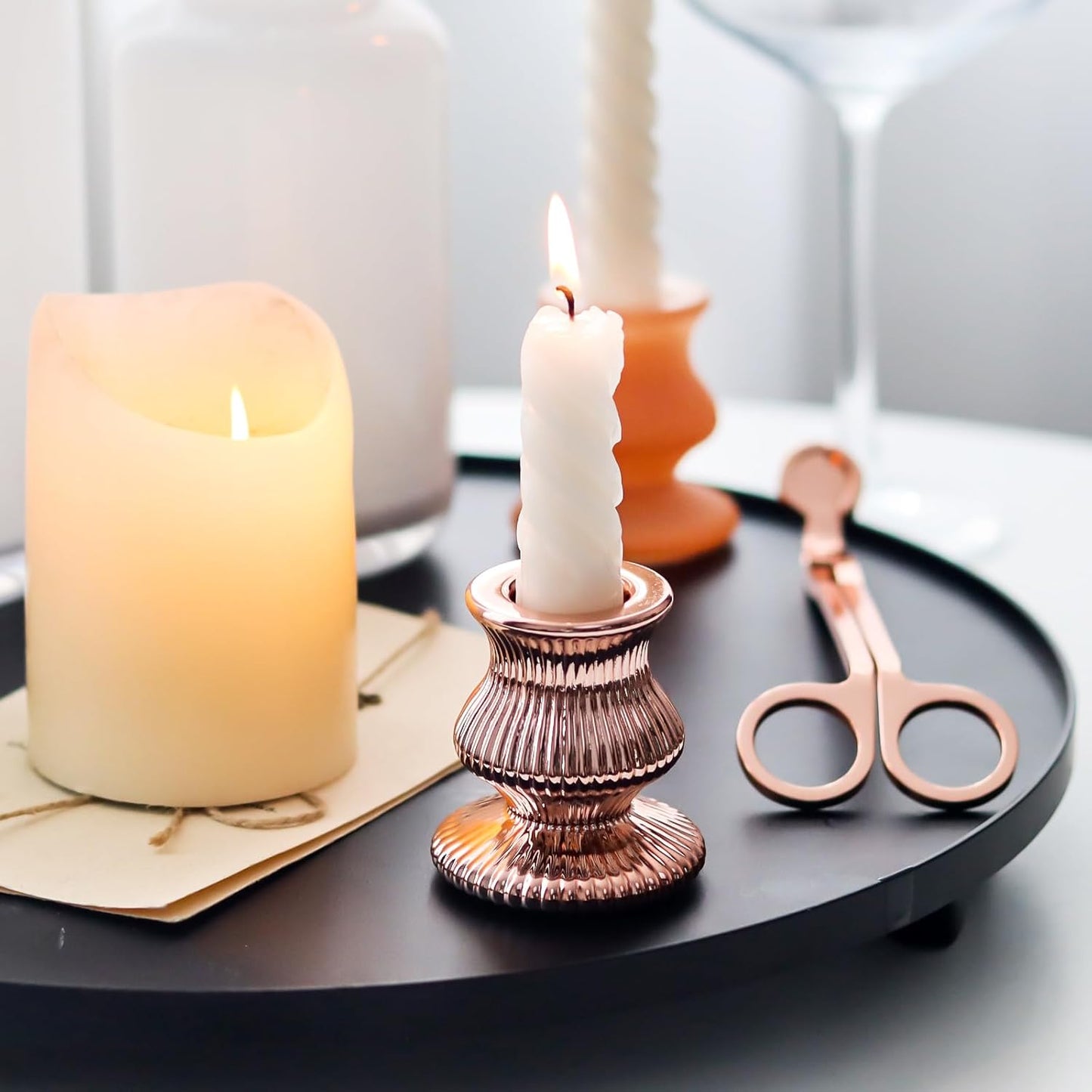 WDHODEC Pink Gold Candlestick Holders 12PCS Glass Taper Candle Holders for Table Centerpiece Colorful Candle Sticks for Spring Wedding, Party and Festival Decoration