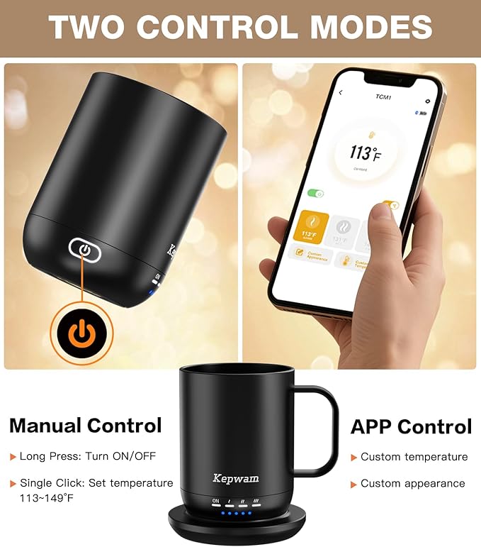 Kepwam Self Heating Coffee Mug T1-16oz Fast Heating & Ultra Long-Lasting Battery Life, Heated Coffee Mug Up to 149℉ - Touch & App Controlled Coffee Mug, Birthday Gifts for Women and Men