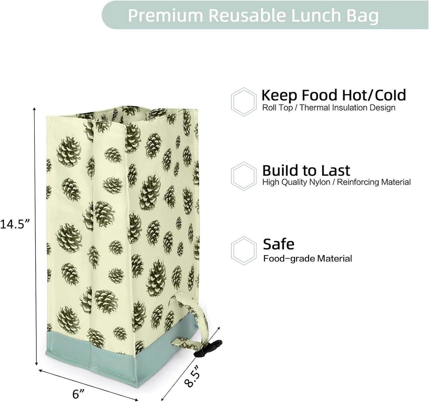 SUNNY BIRD Insulated Lunch Bag Rolltop Lunch Cooler Cute Lunch Box for Girls, Teens and Kids (Pinecone)