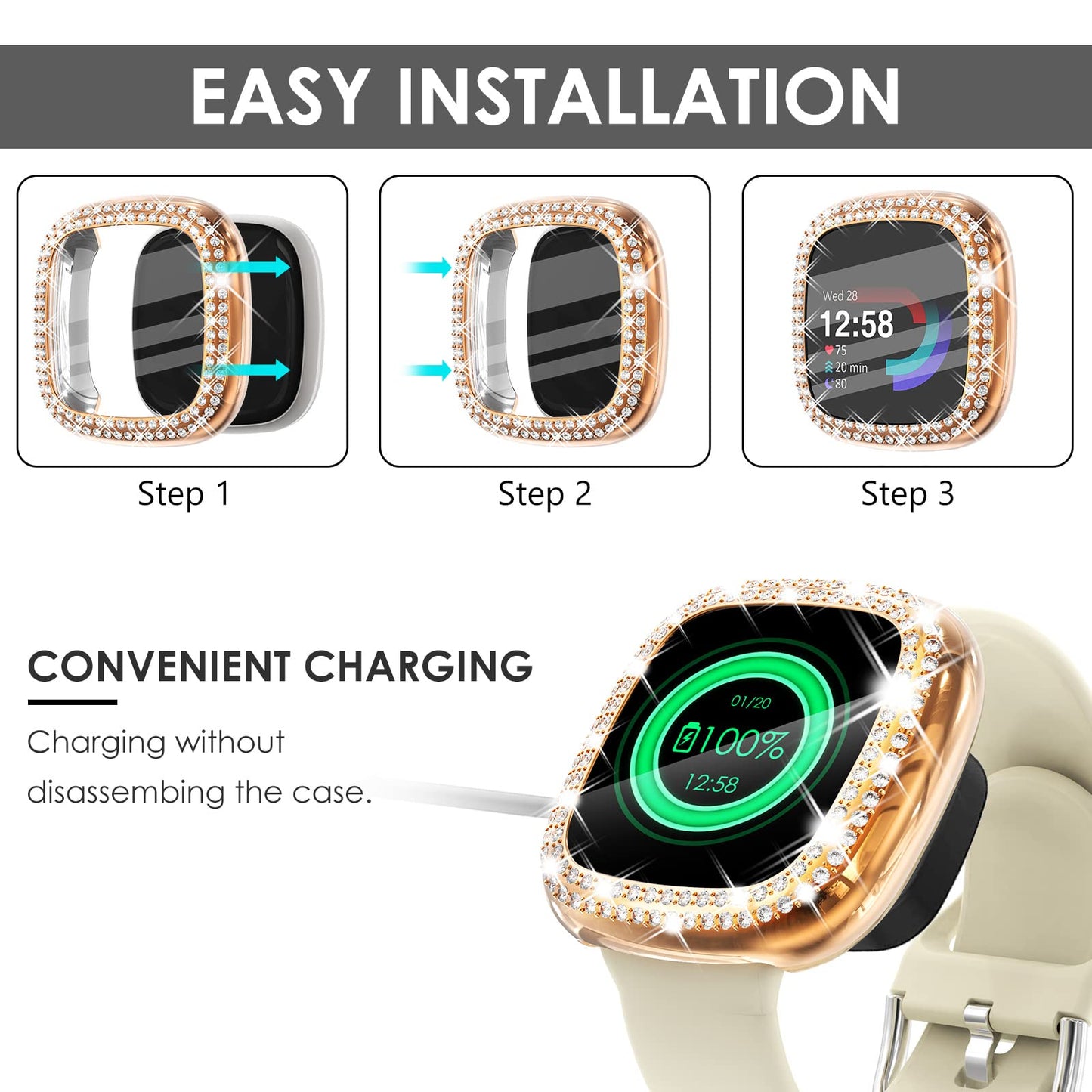 Fullife 3-Pack Tpu Bumper For Fitbit Versa 3 Screen Protector, Crystal Diamond Bling Case Hd Full Protective Cover For Men Women