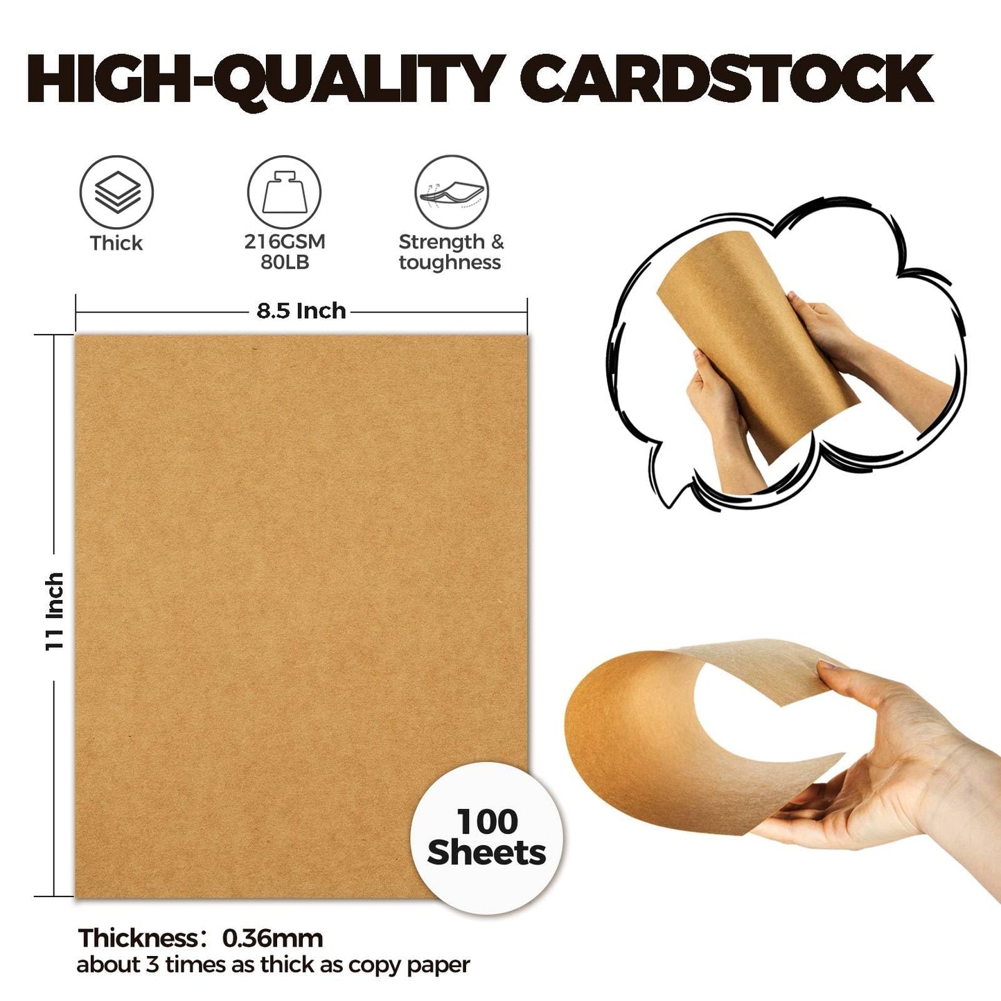 Ohuhu Brown Kraft Cardstock Thick Paper 100 Sheets - 8.5" x 11" Heavyweight 80 lb/216 gsm Card Stock for Crafts and DIY Card Making