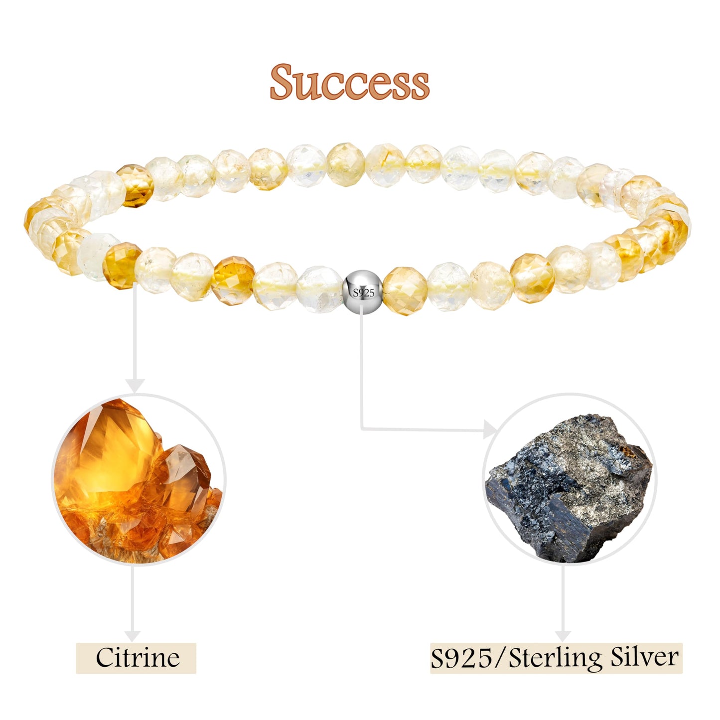 Farfume Citrine - Success - Beaded Bracelets for Women,Handmade Natural Stone 4mm Beads 925 Sterling Silver Stretch Bracelets, Chakra Crystal Gemstone Jewelry Gifts for Mom