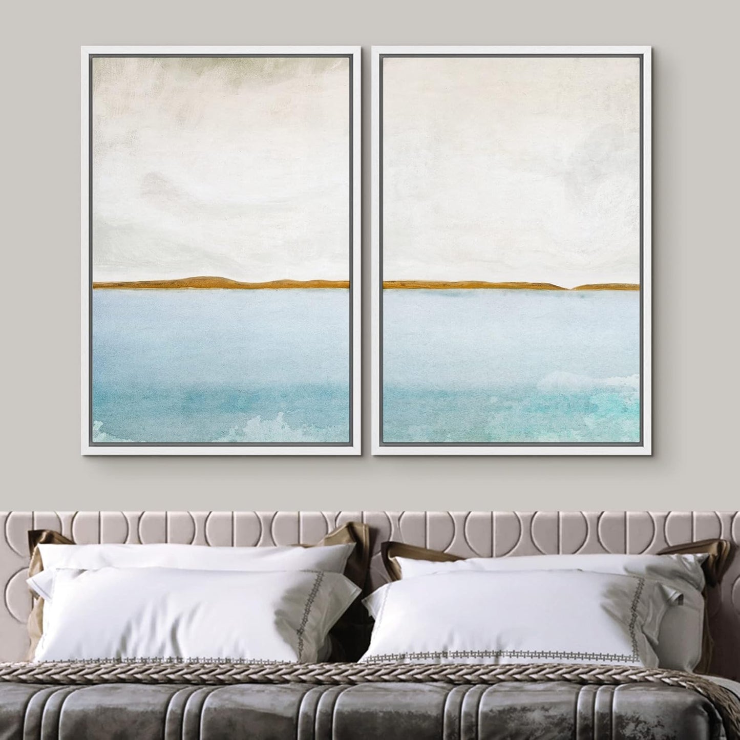 SIGNWIN Framed Canvas Print Wall Art Set Gold Blue Ocean Sea Beach Landscape Nature Wilderness Illustrations Modern Art Decorative Rustic Chic for Living Room, Bedroom, Office - 24"x36"x2 White