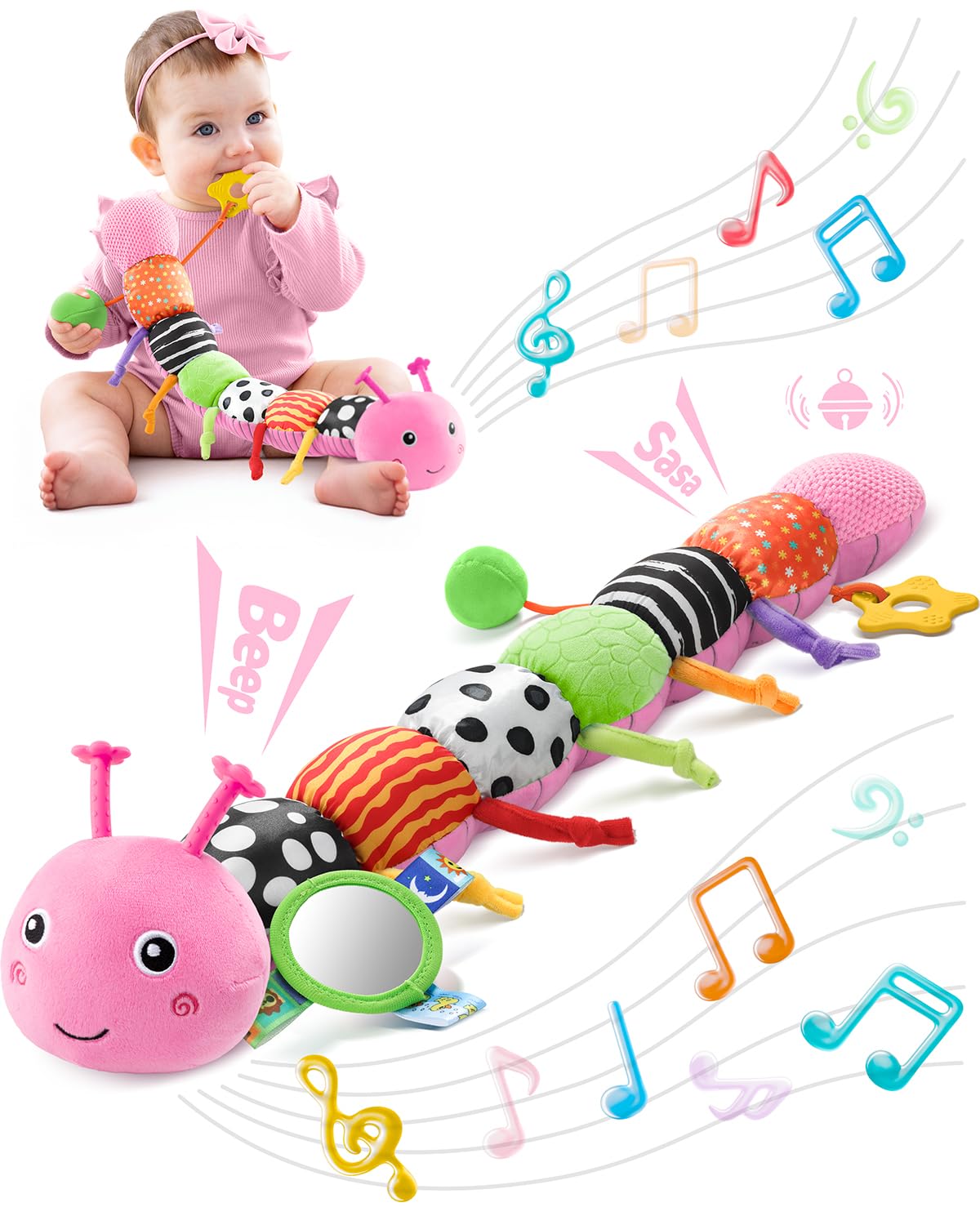 LIGHTDESIRE Baby Toys Musical Caterpillar,Infant Toys 3 6 12 Months Sensory Toy with Ruler Design,Mirror,Pull String,Crinkle&Ring Bell,Baby Teething Toy for Tummy Time Boy Girl Gifts (Rose Pink)