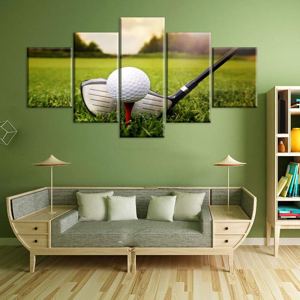 Rustic Wall Art Golf Club and Ball in Grass Pictures for Living Room Golfing Sport Paintings Gallery-Wrapped 5 Panels Printed on Canvas Home Modern Decor Framed Ready to Hang(60''W x 32''H)