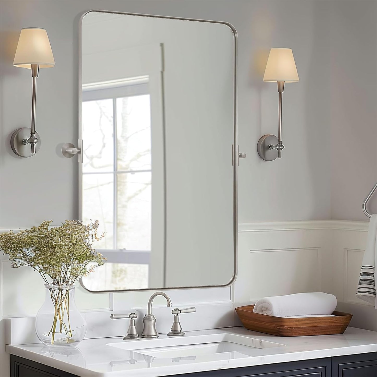 MOON MIRROR 20" x 28" Brushed Nickel Metal Framed Pivot Rectangle Bathroom Mirror, Silver Tilting Rounded Rectangular Vanity Mirror for Wall Mounted Hangs Vertical Only