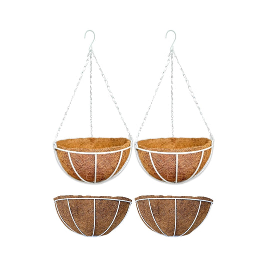 LaLaGreen Bundle (2 Pack, 10 Inch + 2 Pack, 12 Inch) Small Hanging Flower Pots with Coco Liner, White Metal Wire Round Plant Holder with Hook Chain, Wall Mounted Basket Fence Railing Deck Porch Patio