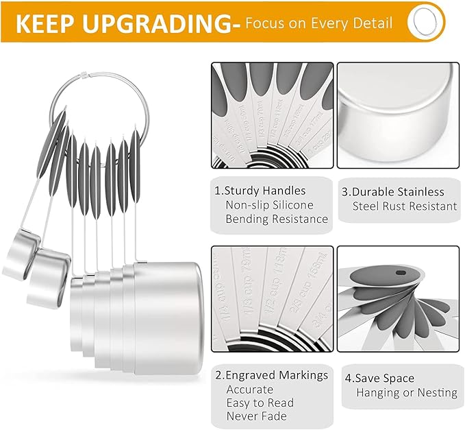 Wildone 16Pc Stainless Steel Measuring Set, 8 Cups & 7 Magnetic Measuring Spoons, Stackable & 1 Leveler (Gray)