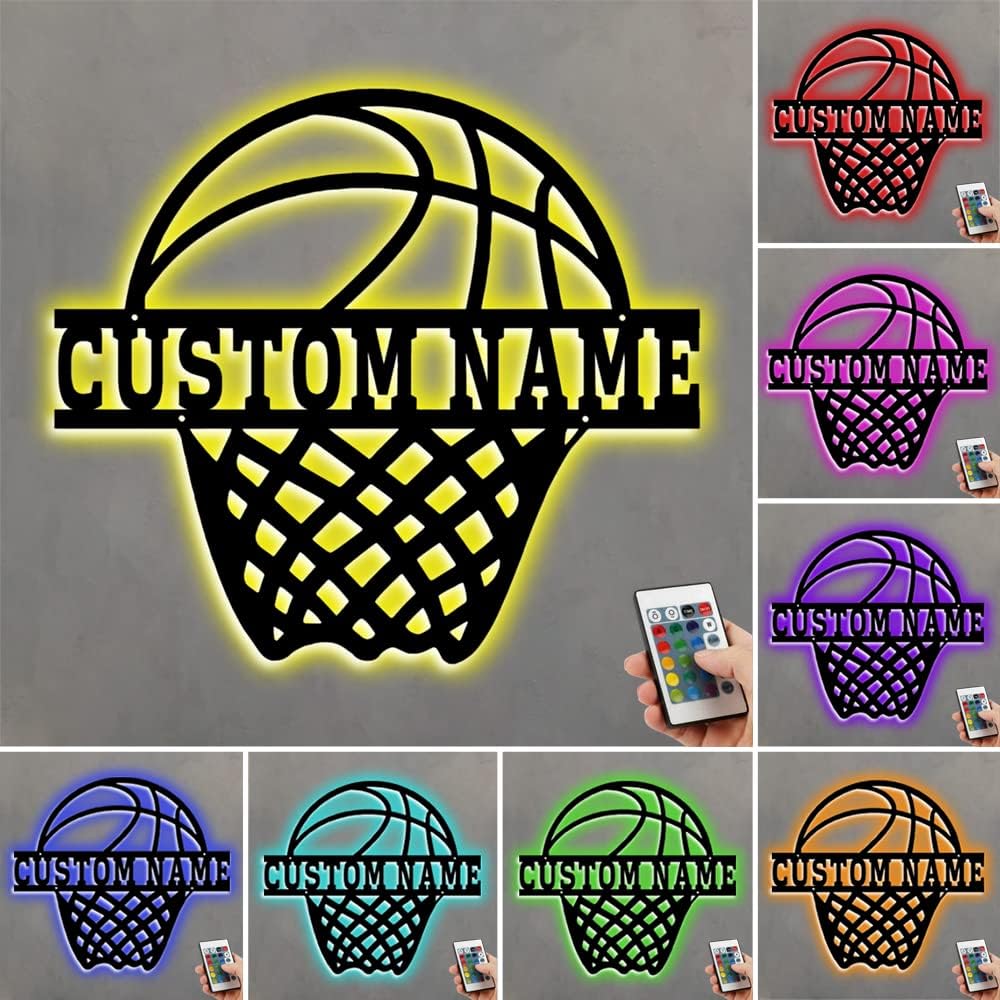 Personalized Name 7 Colors Football lamp Custom Wall Art Night Light LED Name Sign Gift for Boys Men Girls (B-Basketball)