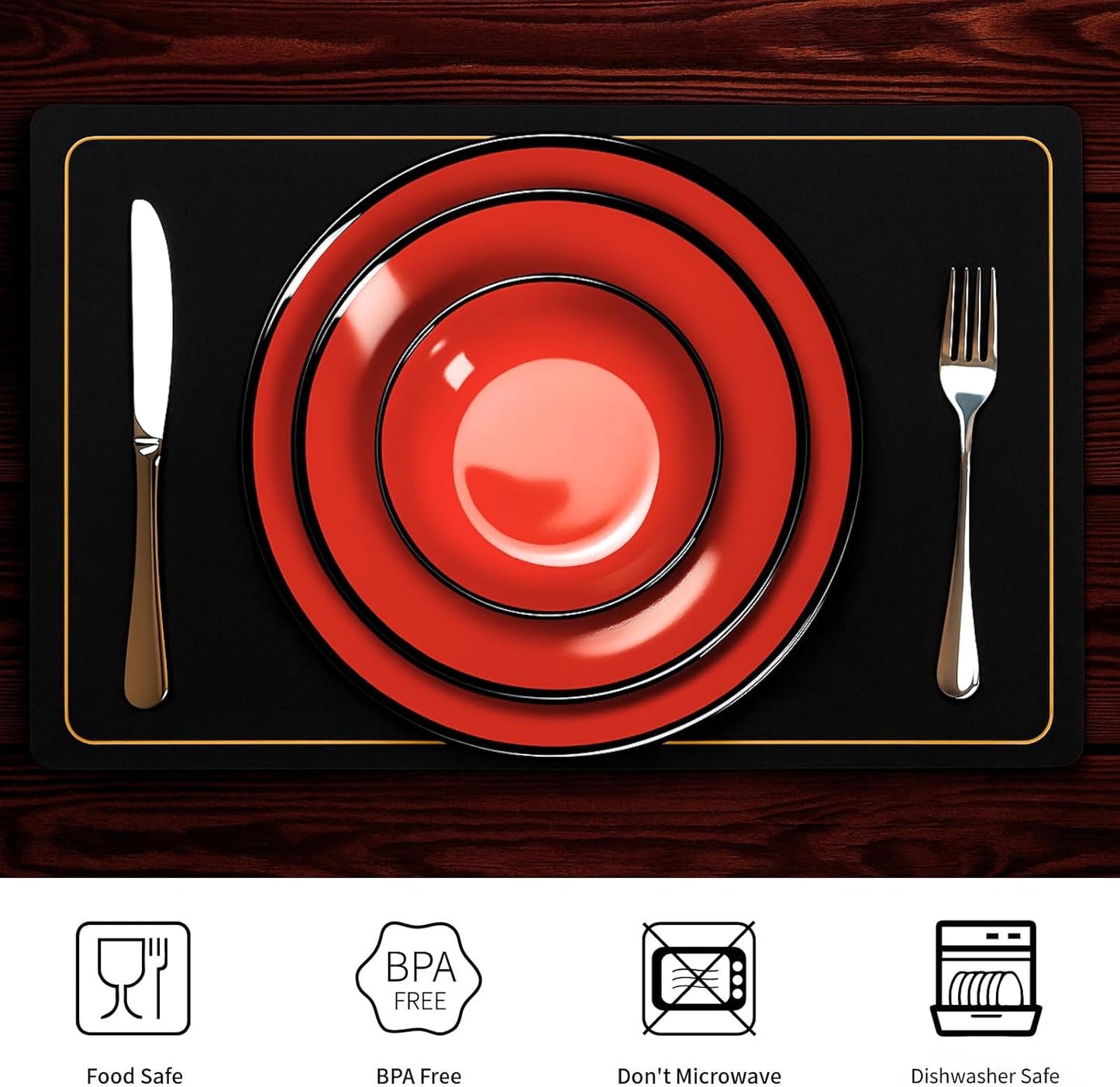 TP 12-Piece Dinnerware Set, Melamine Dishes Set with Bowls and Plates, Non-breakable and Lightweight Dinner Service for 4, Glossy Black and Red