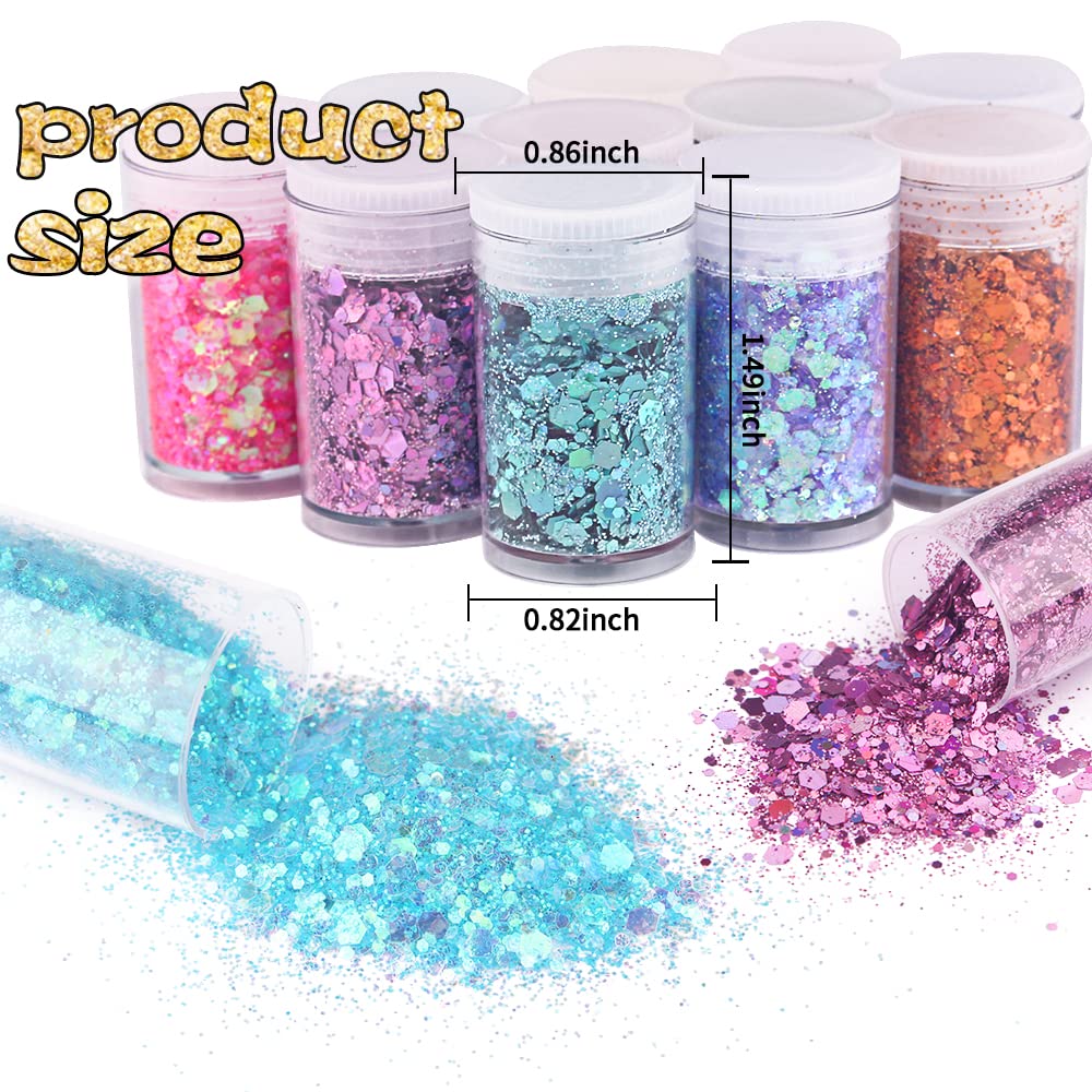 Holographic Chunky and Fine Glitter Mix, 45 Colors Festival Sequins & Powder, Iridescent Flakes, Cosmetic Face Body Eye Hair Nail Art Resin Tumbler Loose Glitter