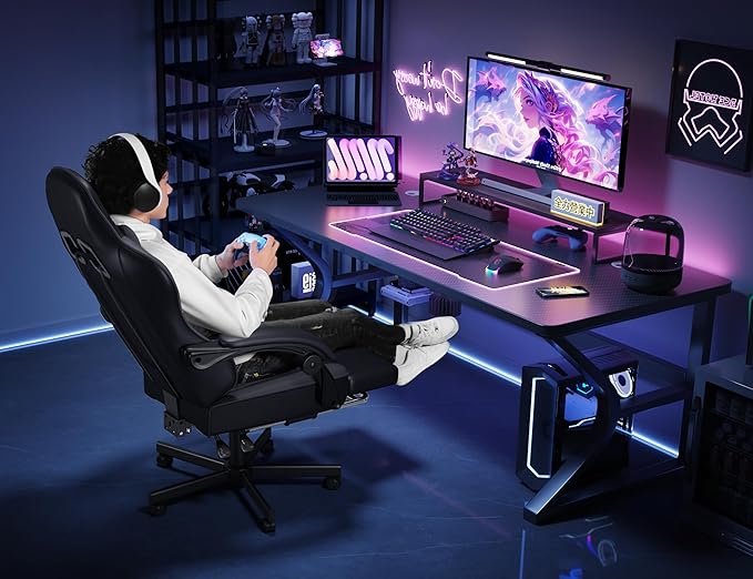 Gaming Chair for Adults with Footrest and Lumbar Support, Height Adjustable Game Chair with 360°-Swivel Seat and Headrest and for Office or Gaming (Black and Grey)