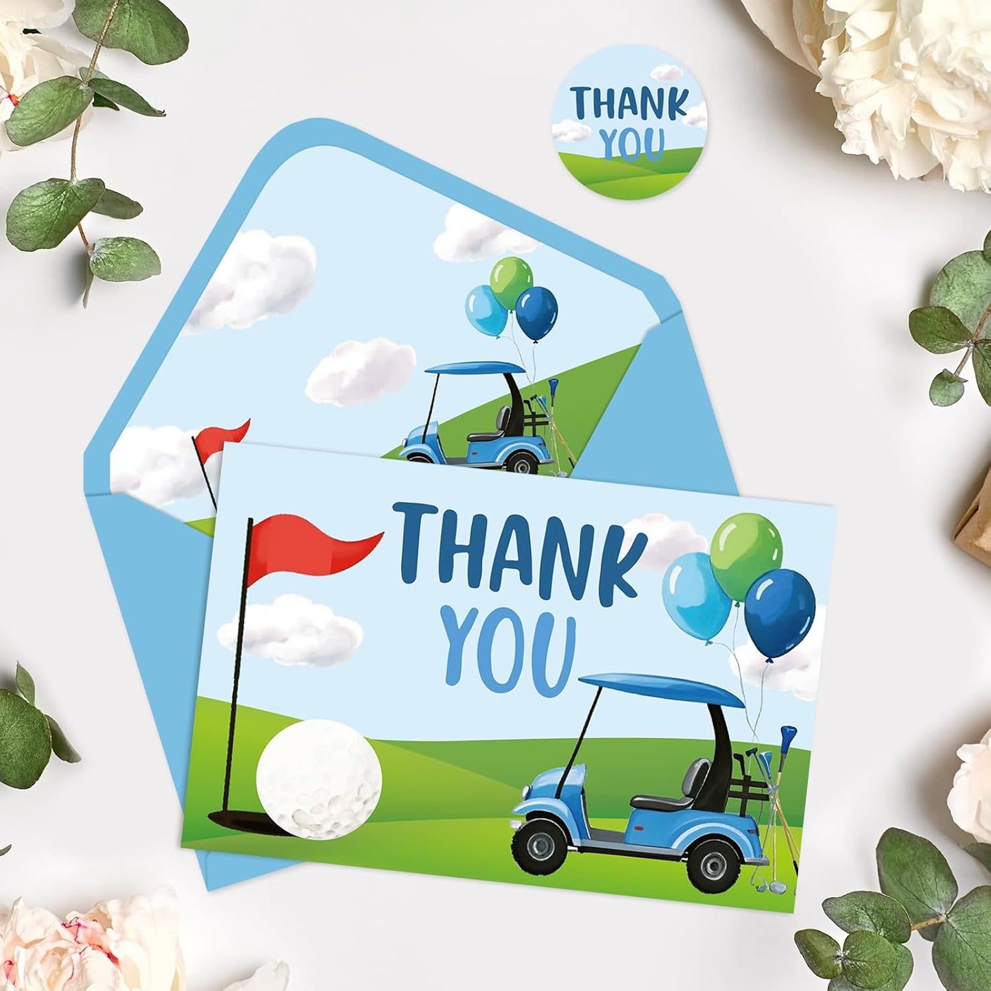 Whaline 24Pcs Golf Thank You Cards Golf Course Cart Balloon Greeting Card Blue Green Blank Note Cards with Envelope Sticker for Birthday Sport Party Supplies