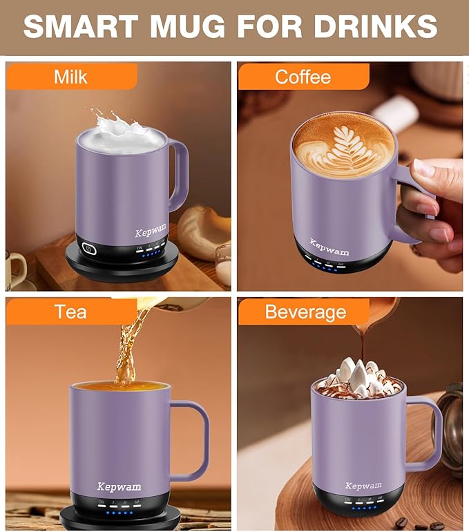 Kepwam Self Heating Coffee Mug T1-16oz Fast Heating & Ultra Long-Lasting Battery Life, Heated Coffee Mug Up to 149℉ - Touch & App Controlled Coffee Mug, Birthday Gifts for Women and Men