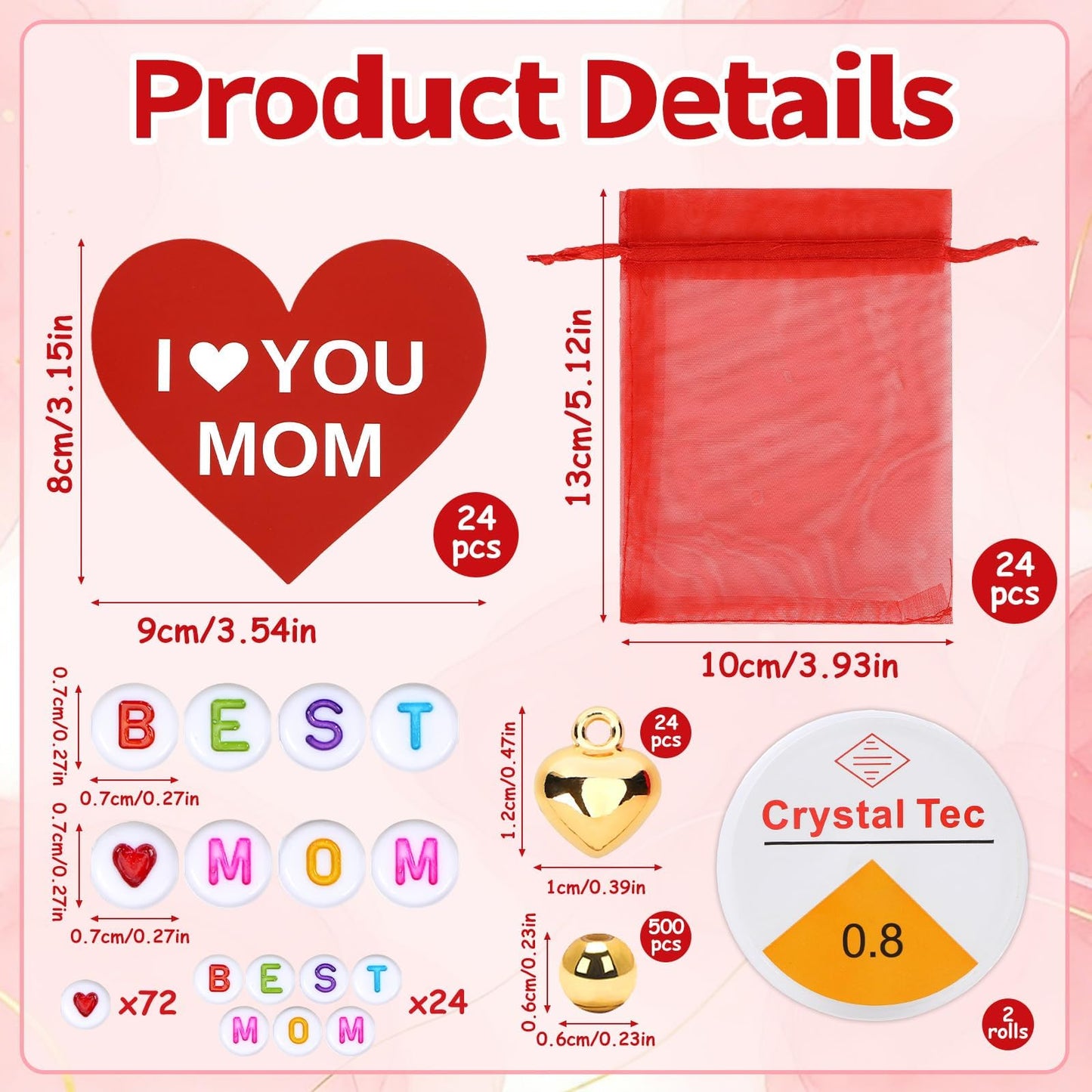 Augshy 24 Sets Mother's Day Bracelet Making Kit, Mom Bracelets DIY Craft Kit Letter Beads Heart Pendants Heart Gift Cards Organza Bags for Mothers Day Gifts Classroom Handcrafted Activity Party Favors