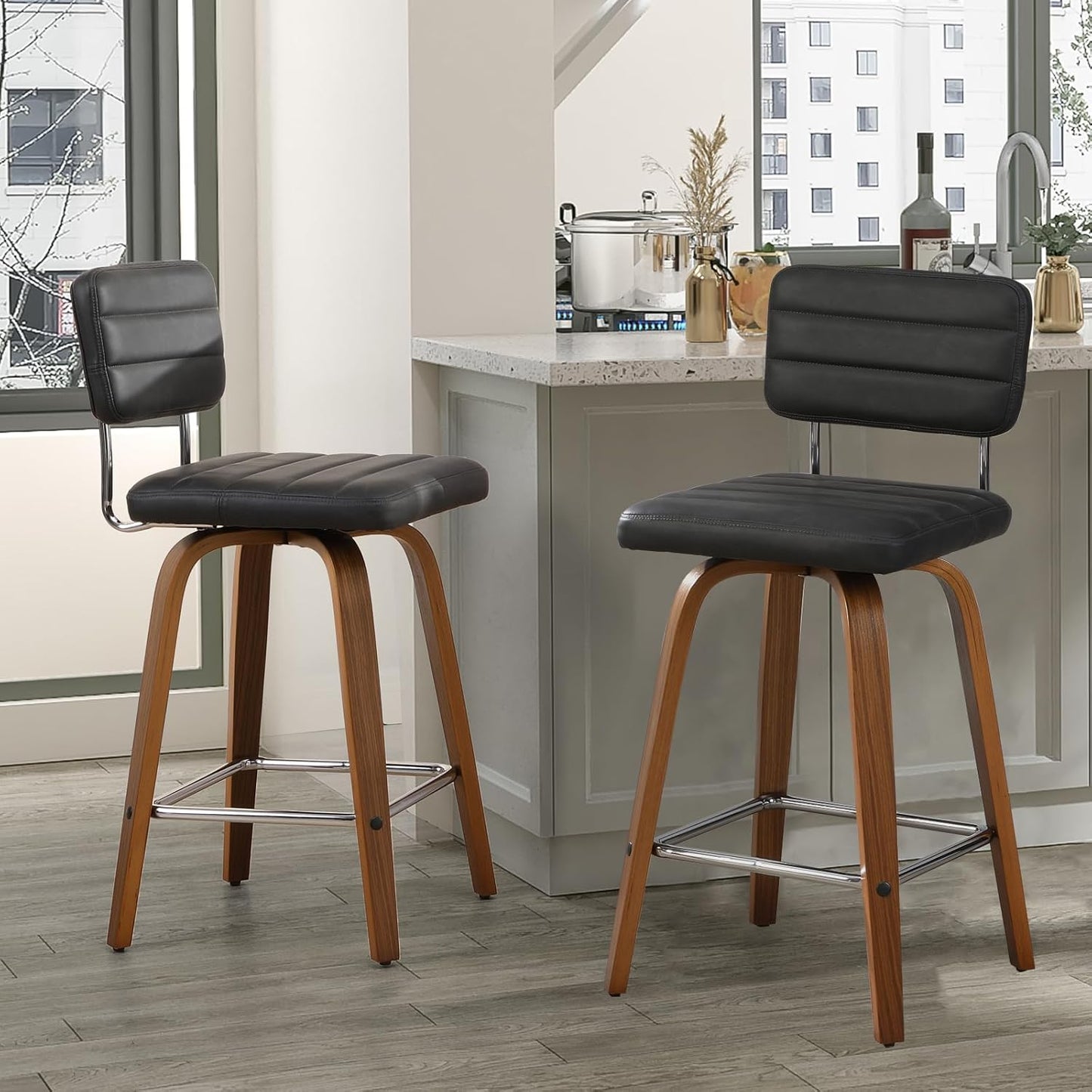 Counter Height Bar Stools Set of 2 Wood Swivel Bar Stools for Kitchen Island Modern Square Barstools with Leather Back Cushion Industrial Vintage Bar Chair Rustic Furniture for Home Pub 26 Inch Grey