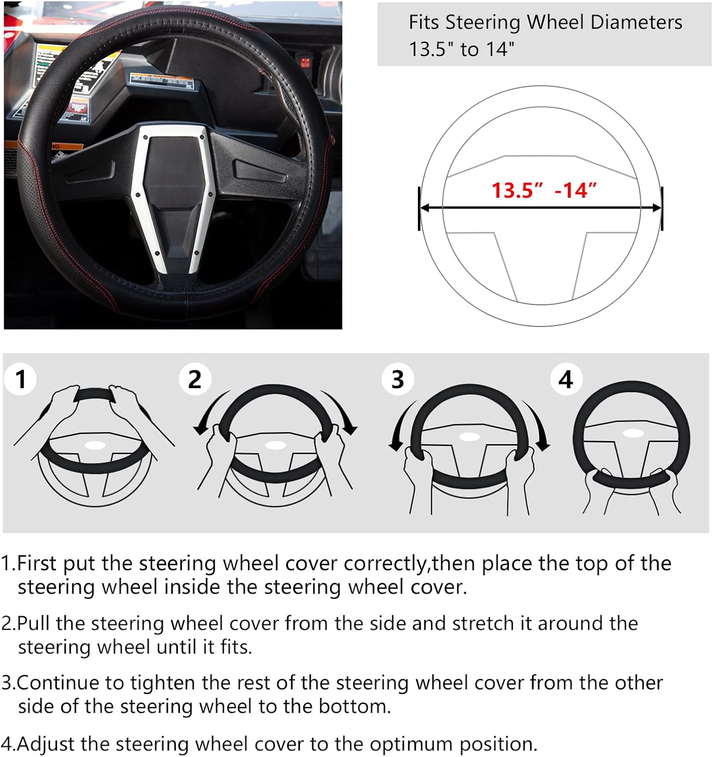 Golf Cart Steering Wheel Cover - 13.5 inch Universal Fit for 13.5" to 14 inch Boat, UTV, Polaris RZR - Non-Slip Comfortable