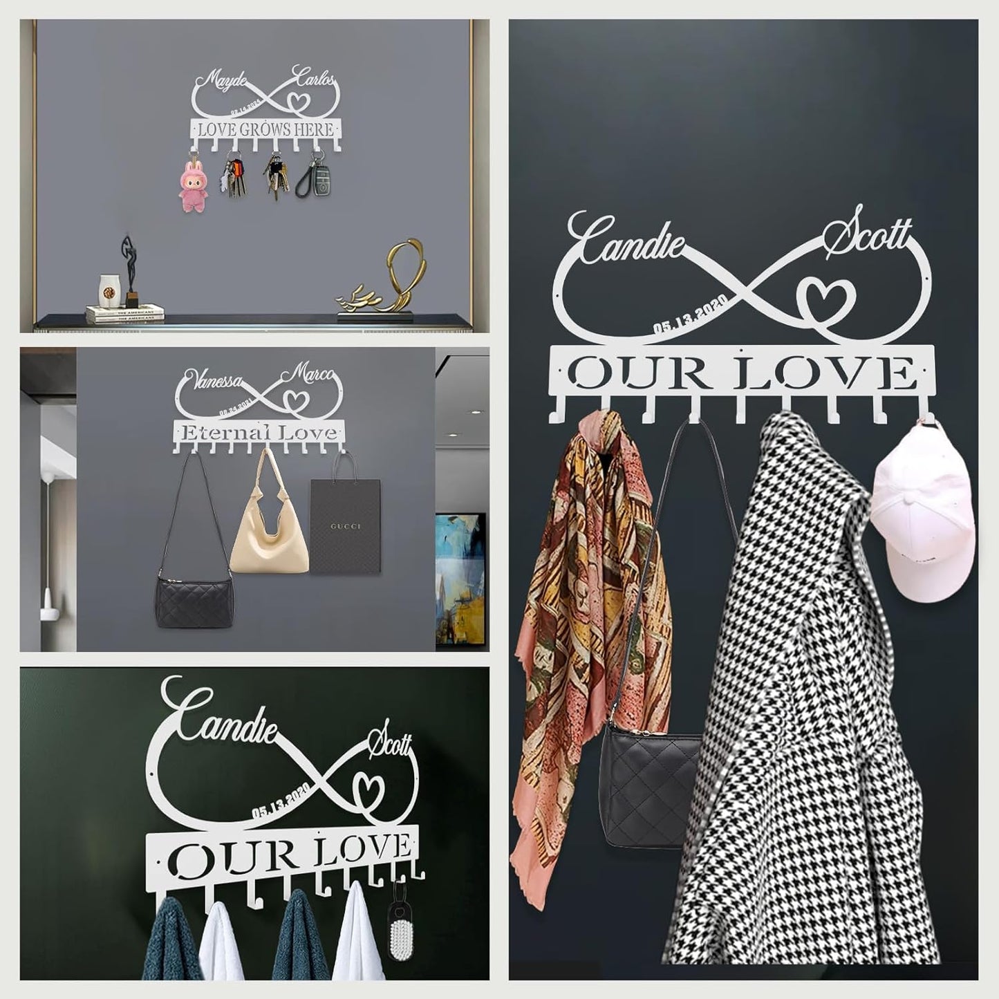 Personalized Key Hooks for Wall,Custom Couples Name Loving Heart Key Holder Wall Mounted,Fashion Coat Rack,Metal Key Hanger with Hooks,Key Rack Organizer for Entryway,Hallway,Doorway