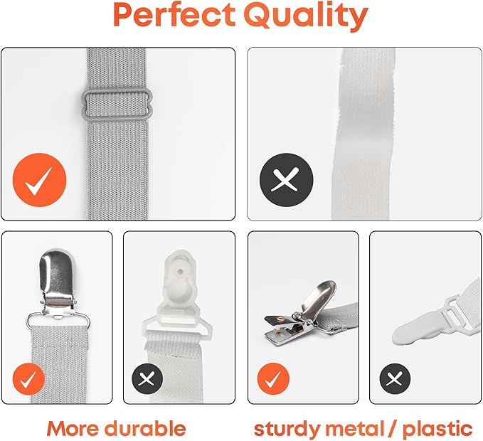 5 STARS UNITED Bed Sheet Straps Set | Easy to Use Adjustable Elastic Fasteners with Metal Clips | Sheet Holders for Corners | Fitted Sheet Clips to Hold Sheets in Place | (4 Pcs Grey)