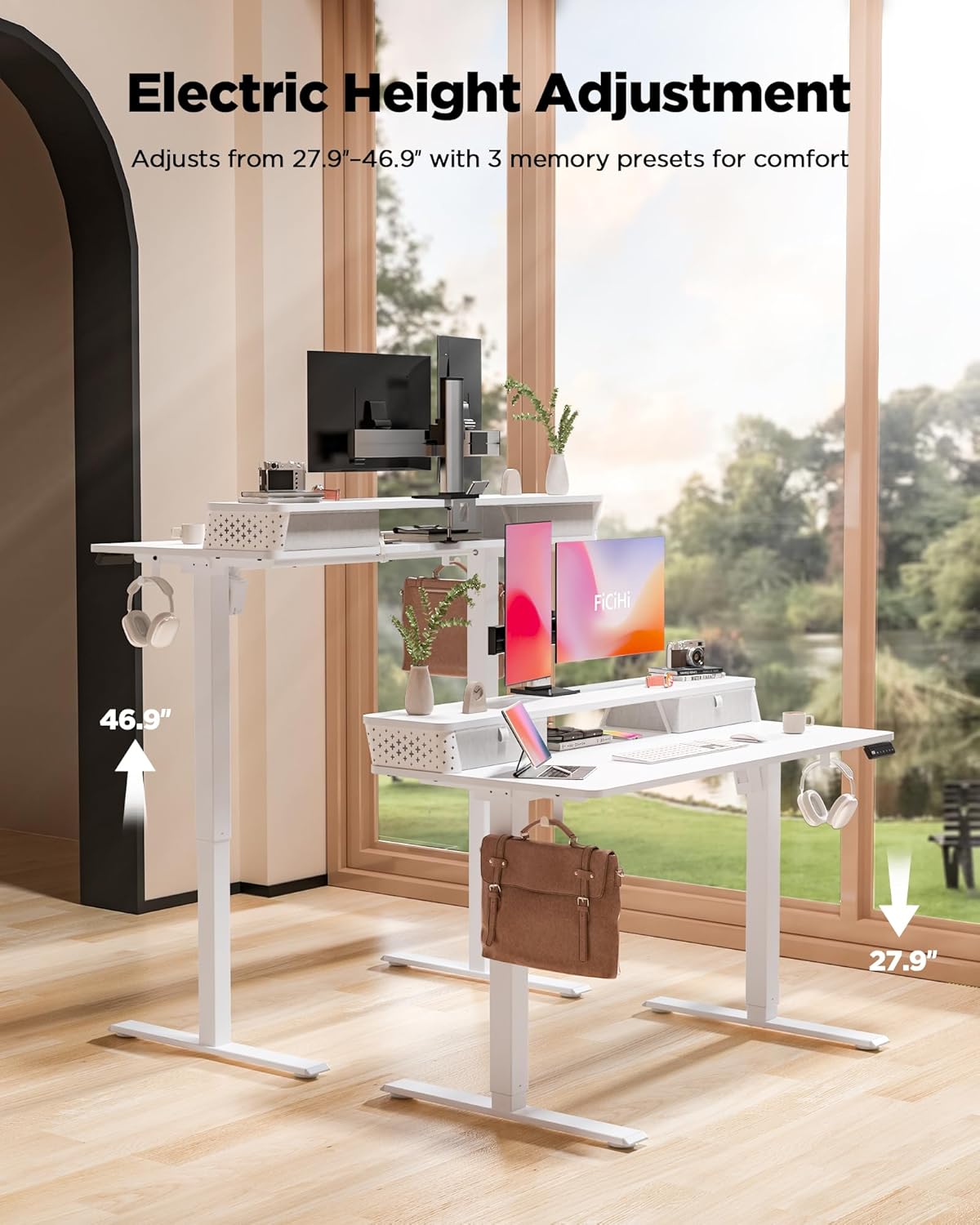 35x20 Inch Standing Desk with Double Drawers, C-Clamp Mount Compatible, Electric Adjustable Height Computer Stand Up Desks, Home Office Sit Stand Table with 3 Preset Heights & 2 Hooks, White