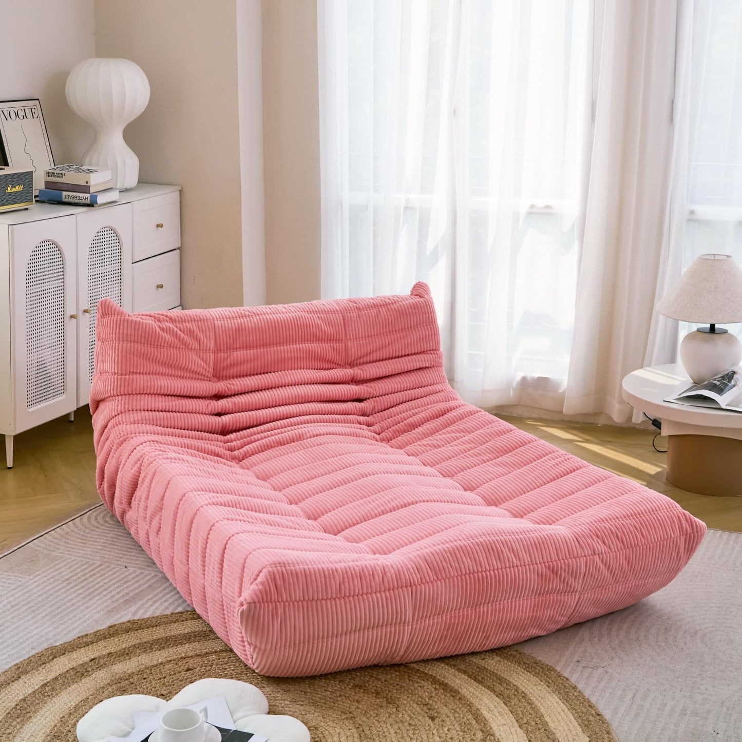 N&V Fireside Lounge Chaise Chair, Mid Century Armless Floor Lounger Sofa, Soft Premium Corduroy Floor Lounge Chair, Foam Sofa Accent Lounger for Living Room Bedroom and Office, Salmon