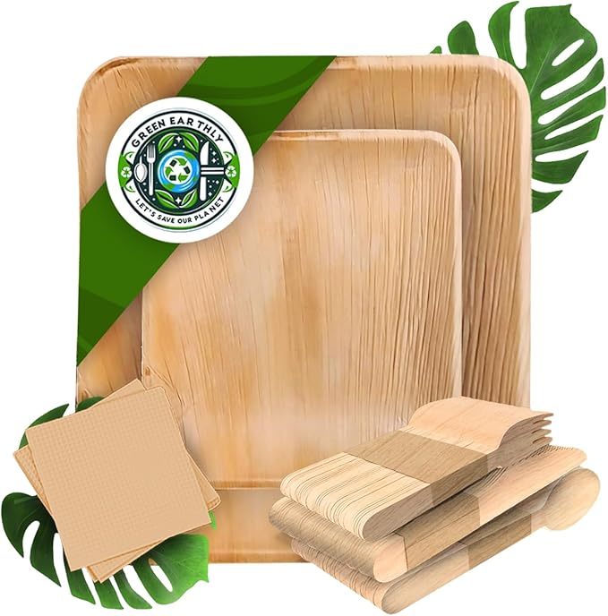 Palm Leaf Party Pack, Compostable, Biodegradable, Disposable, Sturdy, Eco-Friendly, Microwave Safe. 10'' & 7'' Square Plates, Wooden Cutlery & Napkins (For 25 People - 175 total items).