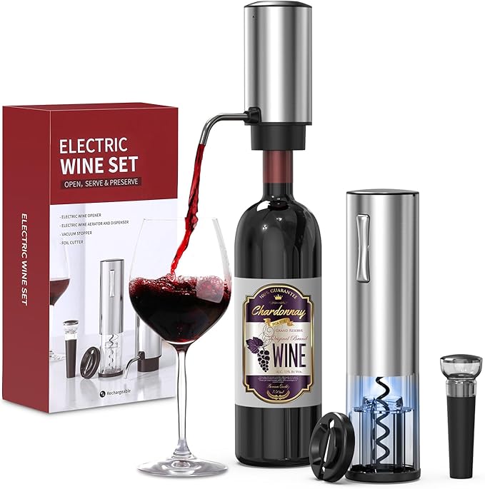 Electric Wine Opener Set, 4 in 1 Electric Wine Bottle Opener, Rechargeable Corkscrew Opener with Aerator, Foil Cutter, Vacuum Stopper, Ideal Present for Christmas, Wine Lovers, Party, Wedding