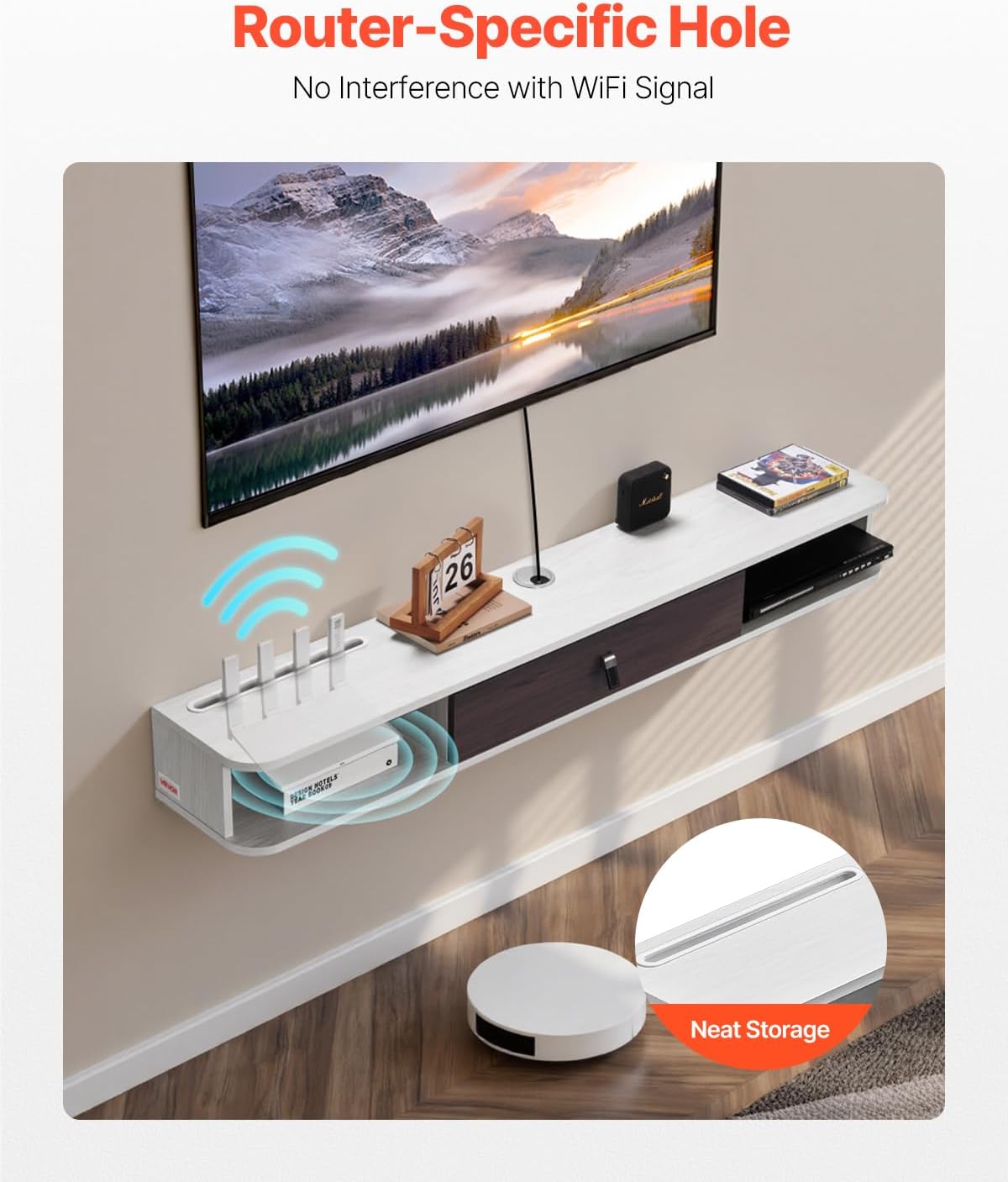 VEVOR Floating TV Stand, 55'' Under TV Shelf Wall Mounted Floating TV Console Modern Entertainment Center with Storage Cabinet, for Bedroom & Living Room, White