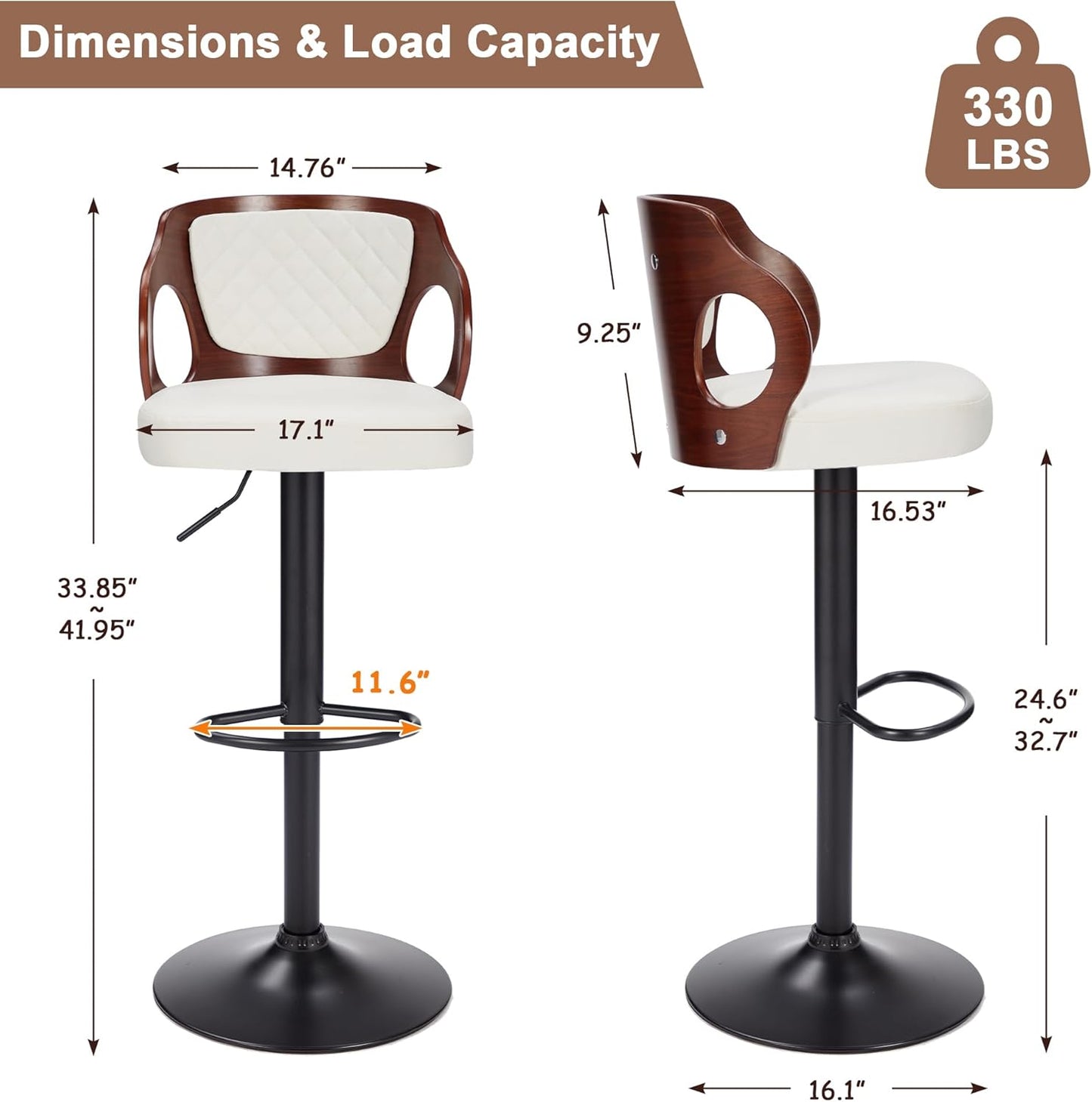 VECELO BarStools Set of 2,Counter Height Stools with Bentwood Back&Arm, Swivel Barstools,PU Leather Kitchen Island Stools, Adjustable Height Bar Chairs for Club Pub Dining Room,Pearl White