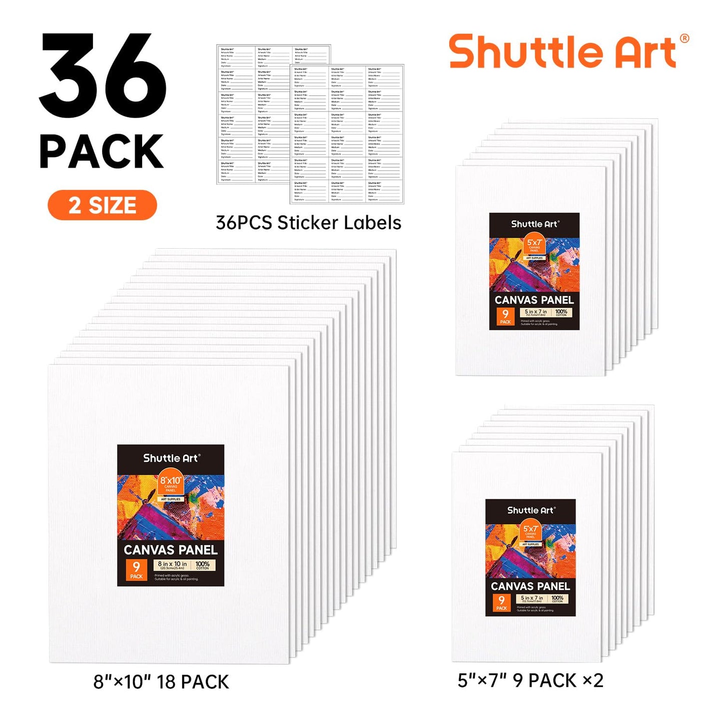 Shuttle Art 36 Pack Canvas for Painting, 5x7 & 8x10 Inch(18 of Each), Primed, 100% Cotton Blank Canvas Boards for Painting, Ideal Art Supplies for Kids Adults Artists Acrylic Oil Painting
