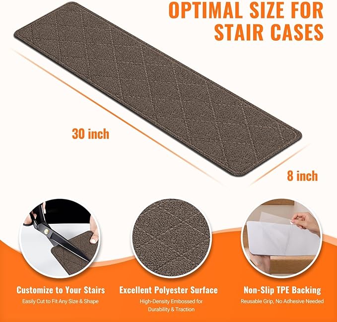 Stair Treads Non-Slip for Wooden Steps, 15Pack - 8" x 30" Edging Stair Runner Indoor for Kids Elders & Pets, Washable Carpet Stair Treads with Peel & Stick Reusable TPE Backing, Brown