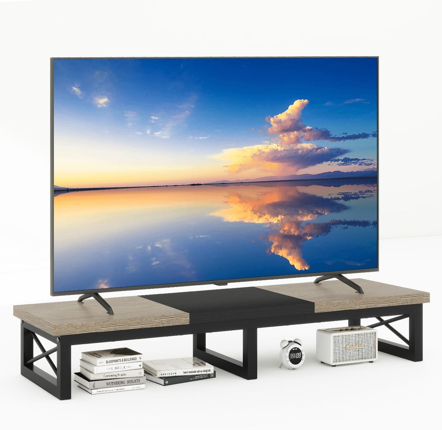 IBUYKE 45" Large TV Riser for 32-60 inch TV,Tabletop Short TV Stand with Storage and Steel Legs,Dual Screen Office Desk,Stand Riser,TV Riser Stand for Home,Bedroom,Living Room,Greige Black TVT002YB