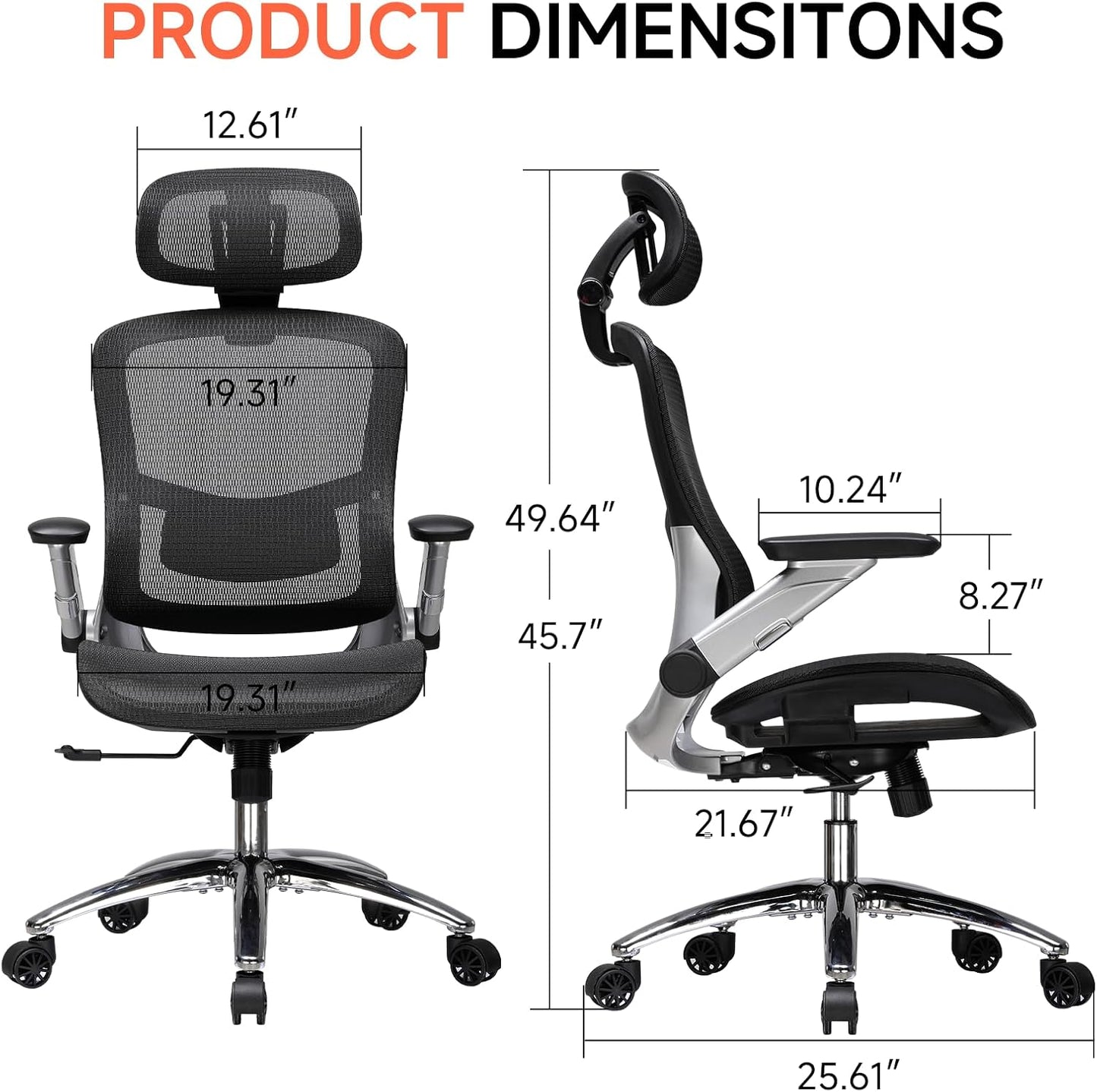 COMHOMA Big and Tall Ergonomic Mesh Office Chair, High Back Home Desk Chair Computer Gaming Chair with Headrest, Flip-Up Arms, 90-125° Tilt Lock and Wide Cushion, Task Chair for Man Woman- Black