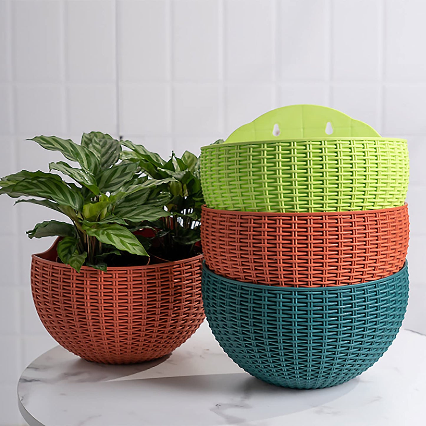 Hanging Planter Pot, Wall and Railing Hanging Planters with S Hooks, Half Round Imitation Rattan European Style Wall Flowerpot Rustic Decorative Flower Basket for Home(#2pcs 26 * 20.5cm Wine red)