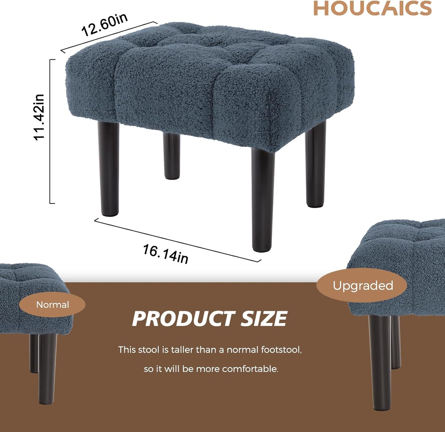 HOUCHICS Fur Padded Foot Stool, Small Ottoman Foot Rest with Wooden Legs,Modern Rectangle Chair Foot Rest Foot Step Stool for Living Room, Couch, Desk（Blue）