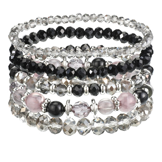 Tweruna 5 PCS Glass Beaded Bracelets Stack, Stretchy Bracelets for Women, Black Stacked Bracelet for Jewelry Birthday Gifts