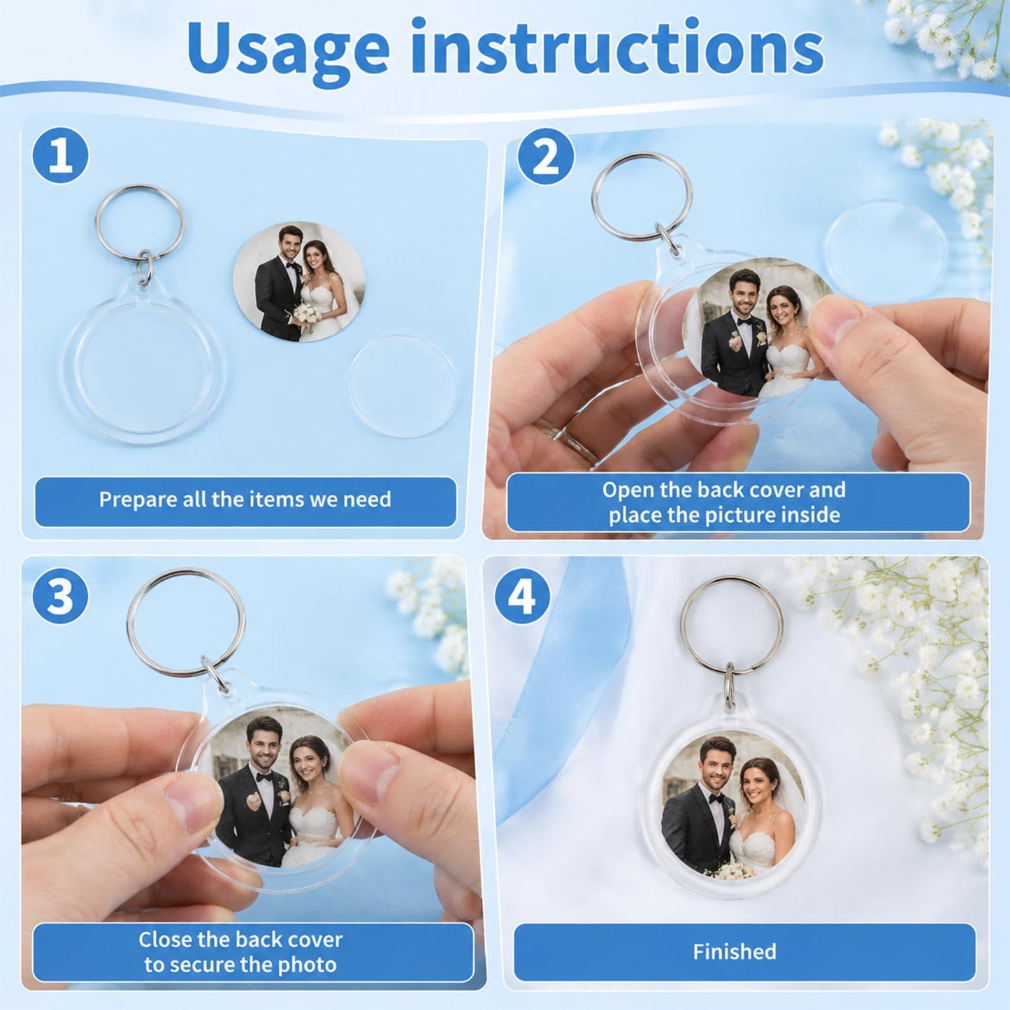 KongTiva 100 Pcs Photo Insert Keychain, Clear Acrylic Picture Keychains Round Blank Picture Frame Keyring Holder for DIY Crafts Wedding Bridal Party Favors Small Business Branding