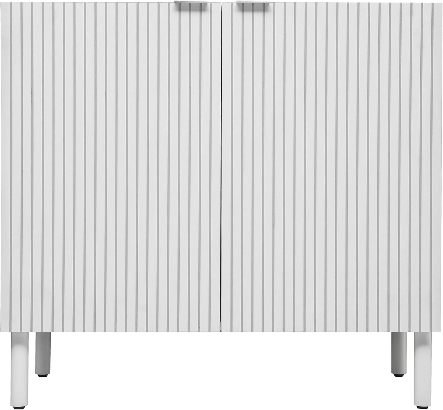 Sango Merk 2-Door Cabinet, Modern White Storage Cabinet with Vertical Groove Doors, Adjustable Shelf, Cylindrical Wood Legs, Discreet Metal Finger Pulls, Stylish Furniture for Living or Dining Room