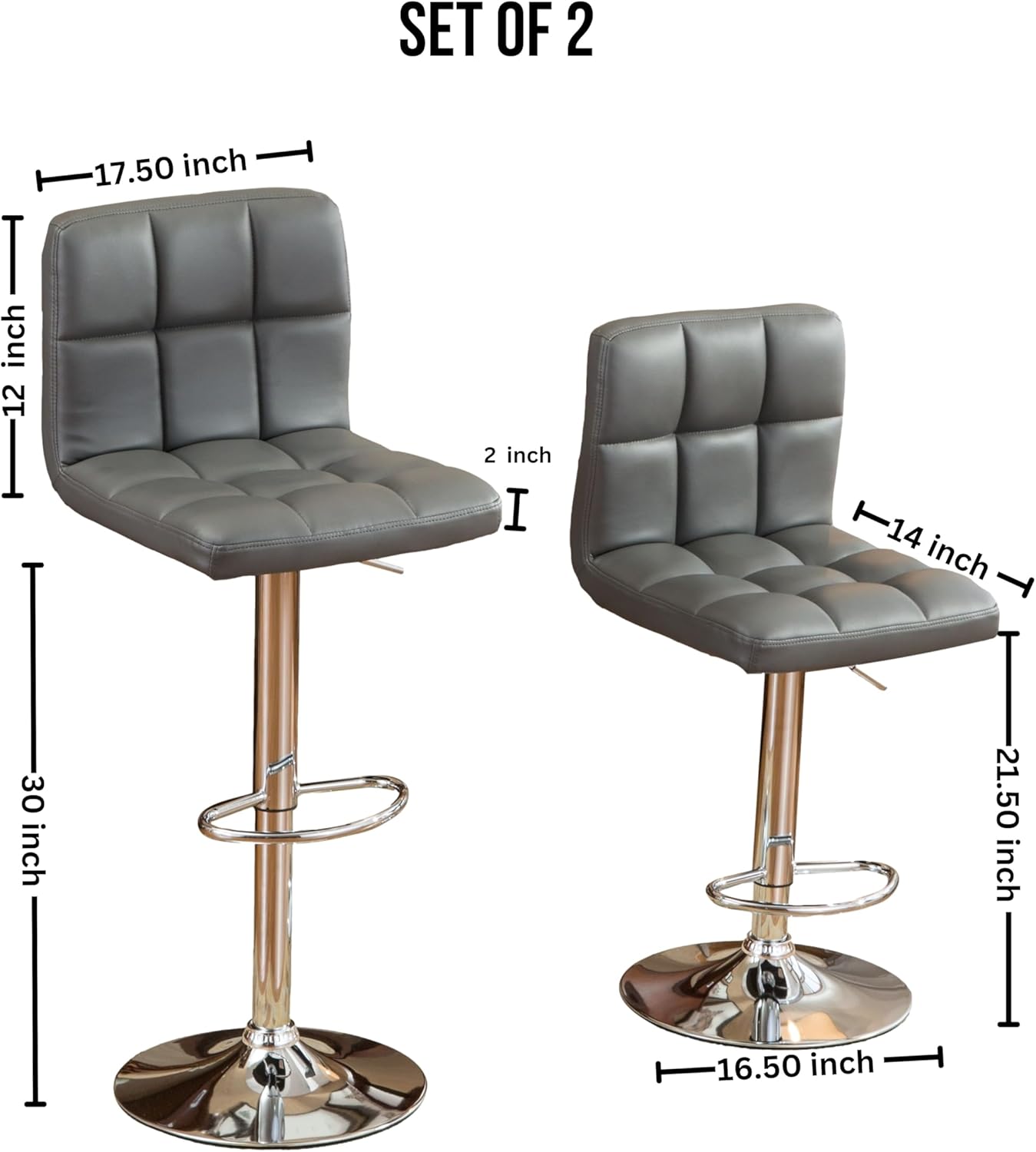 Roundhill Furniture Swivel Leather Adjustable Hydraulic Bar Stool, Set of 2, Gray