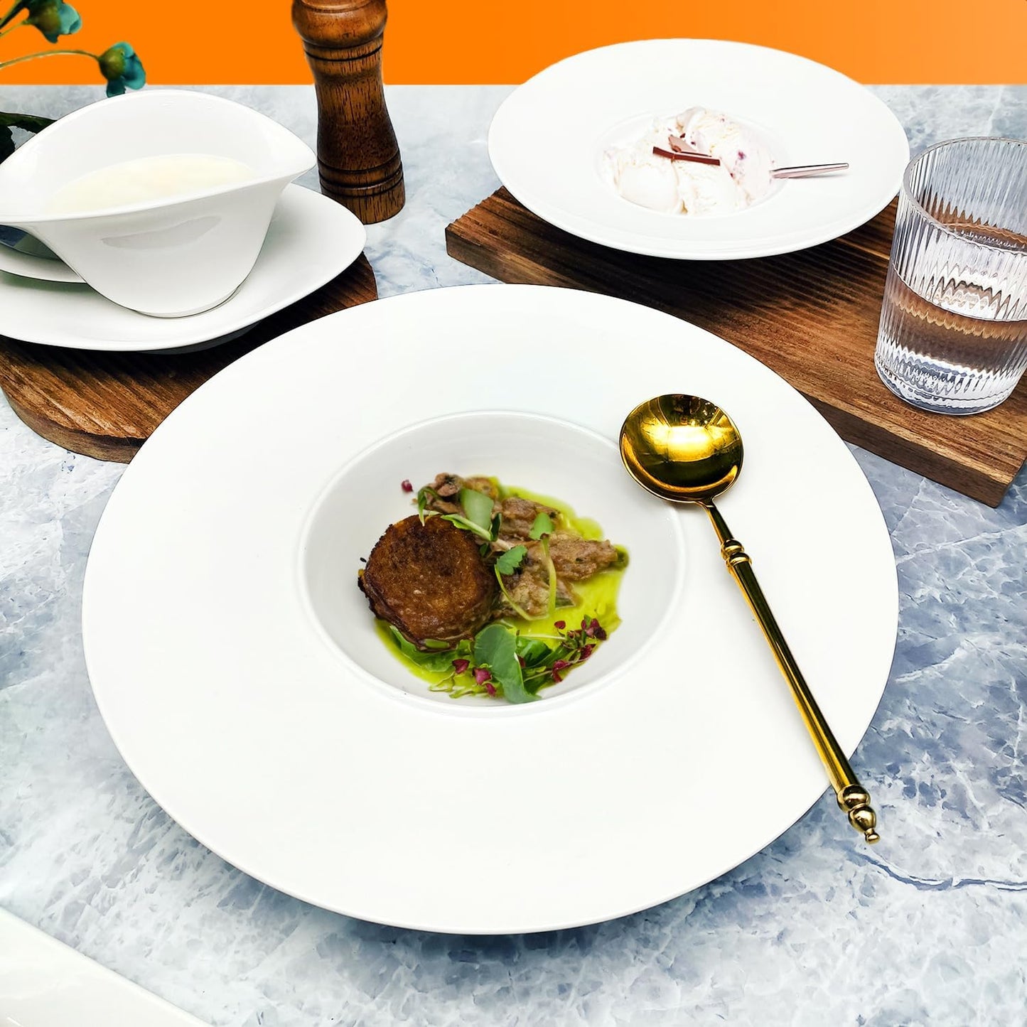 Ceramics Rimmed Soup Bowls 8.8 oz, White 11.6 inch Exquisite small soup plate Set of 4, Pasta plates With Rim is the best choice for hotels, kitchens, fine restaurants and gourmets