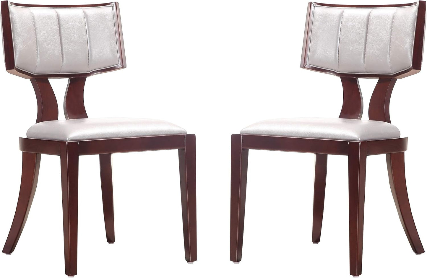 Manhattan Comfort Pulitzer Faux Leather Dining Chairs Set of 2, Solid Beech Wood with Walnut Finish, Iconic Greek Design, Fully Assembled Accent Kitchen Furniture, Silver