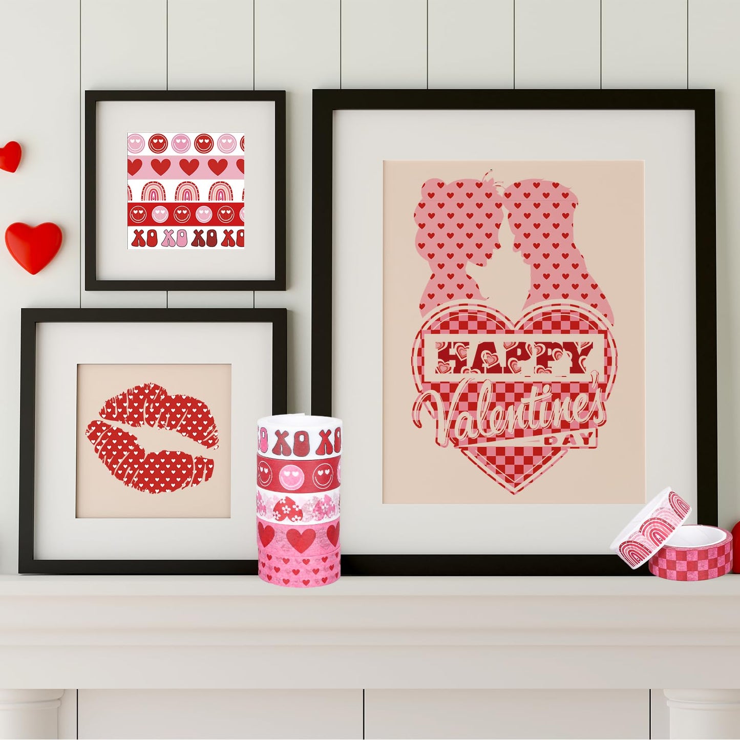 Whaline 12 Rolls Boho Valentine’s Day Washi Tape Rainbow Love Heart Smile Washi Tape Red Pink Masking Decorative Gift Wrapping Paper Tape for DIY Craft Scrapbook Journal Party Supplies