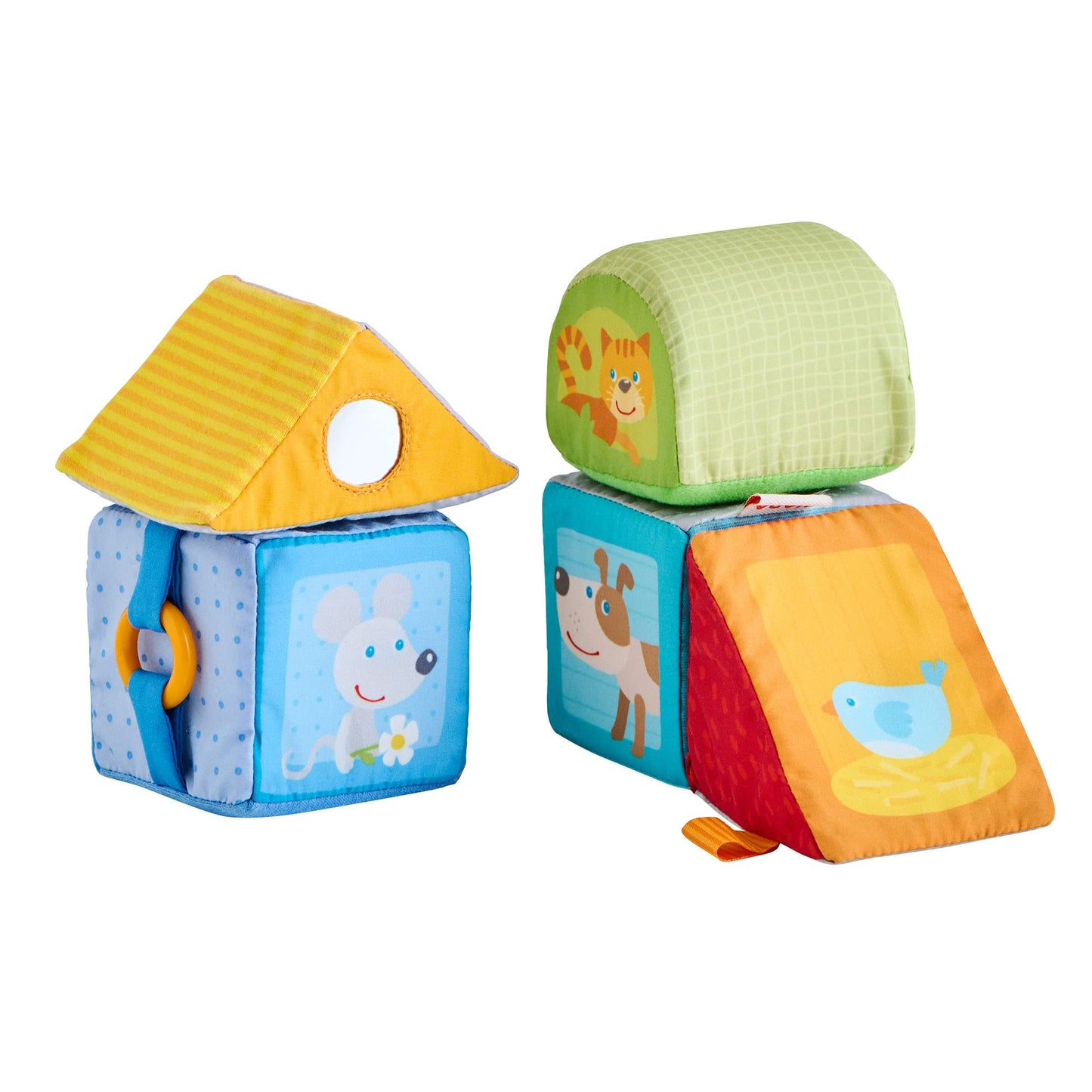 HABA Animal Soft Baby Blocks for 6-12 Months - 5 Geometric Shape Baby Sensory Toys with Rattle, Mirror, Squeaker & Crinkle Foil, Soft Building Blocks for Babies 6-12 Months