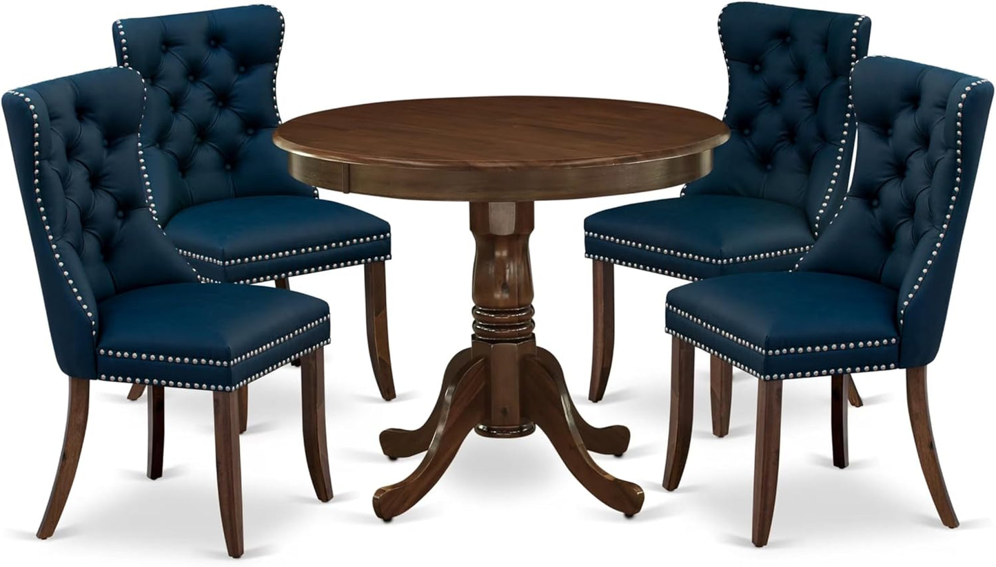 East West Furniture ANDA5-AWA-29 5 Piece Kitchen Table & Chairs Set Contains a Round Dining Table with Pedestal and 4 Polyester Fabric Upholstered Chairs, 36x36 Inch, Antique Walnut