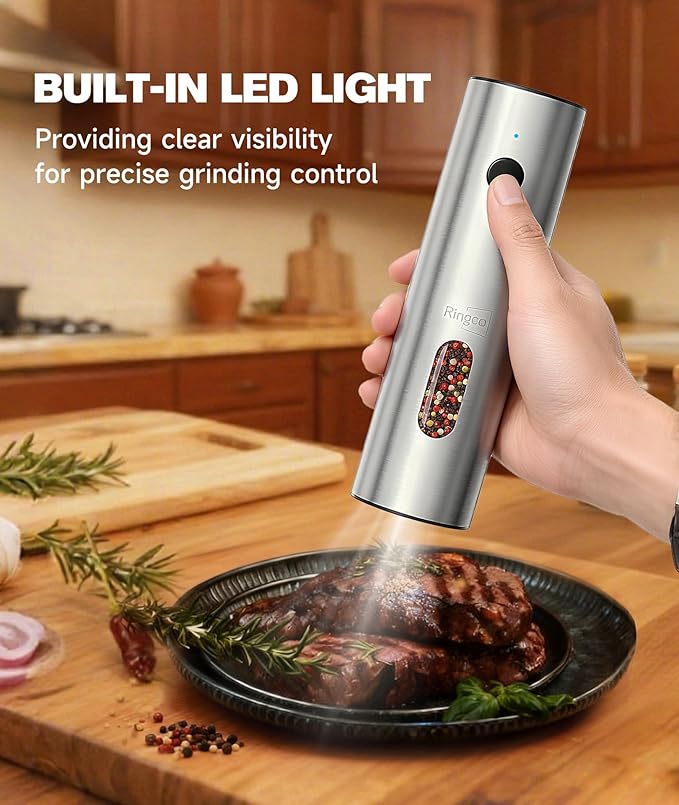 Ringco Electric Salt and Pepper Grinder Set with Charging Base, Rechargeable Salt and Pepper Mill with Adjustable Coarseness, LED Light, 110ml Large Capacity for Kitchen, Outdoors, Christmas Gift