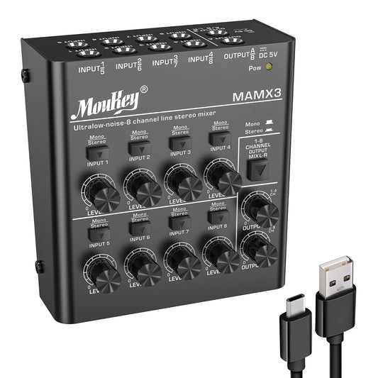 Moukey Audio Mixer, Dc 5V, 8 Stereo Ultra, Low Noise 8 Channel Line Mixer For Sub-Mixing, For Small Clubs Or Bars, As Guitars, B