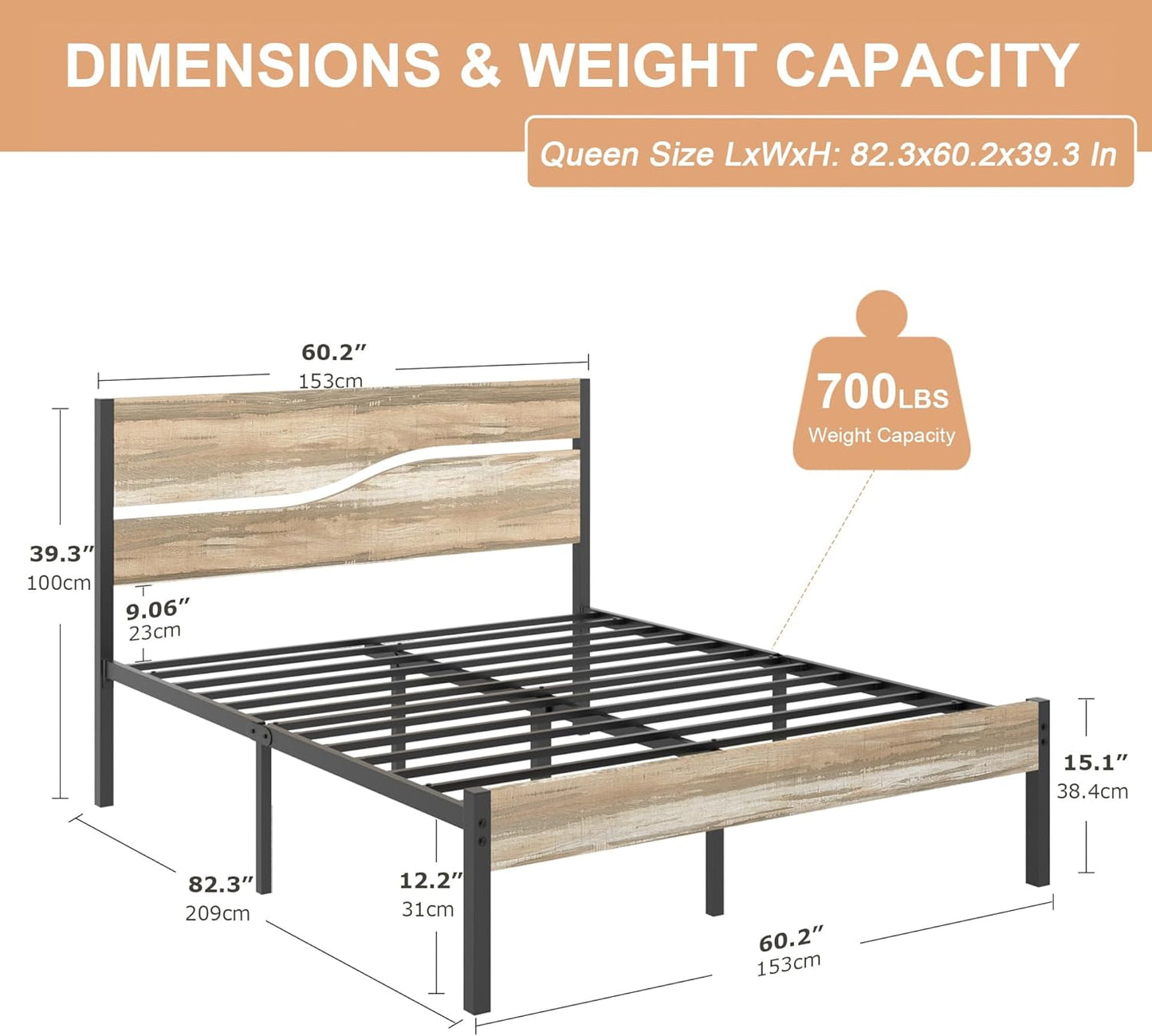 VECELO Queen Size Bed Frame with Wood Headboard and Footboard, 14 Inch Platform/No Box Spring Needed, Heavy Duty Support, Easy Assembly