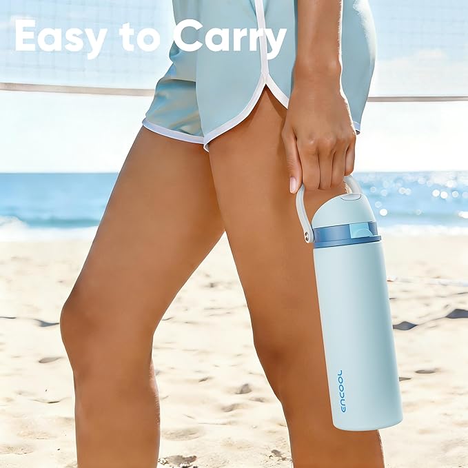 Insulated Water Bottle with Straw - Encool Stainless Steel Water Bottle with Push Button Lid, Leak-Proof & BPA-Free, Keeps Cold for 24 Hours for Sports, Travel, Gym (24 oz, Jungle Mist)