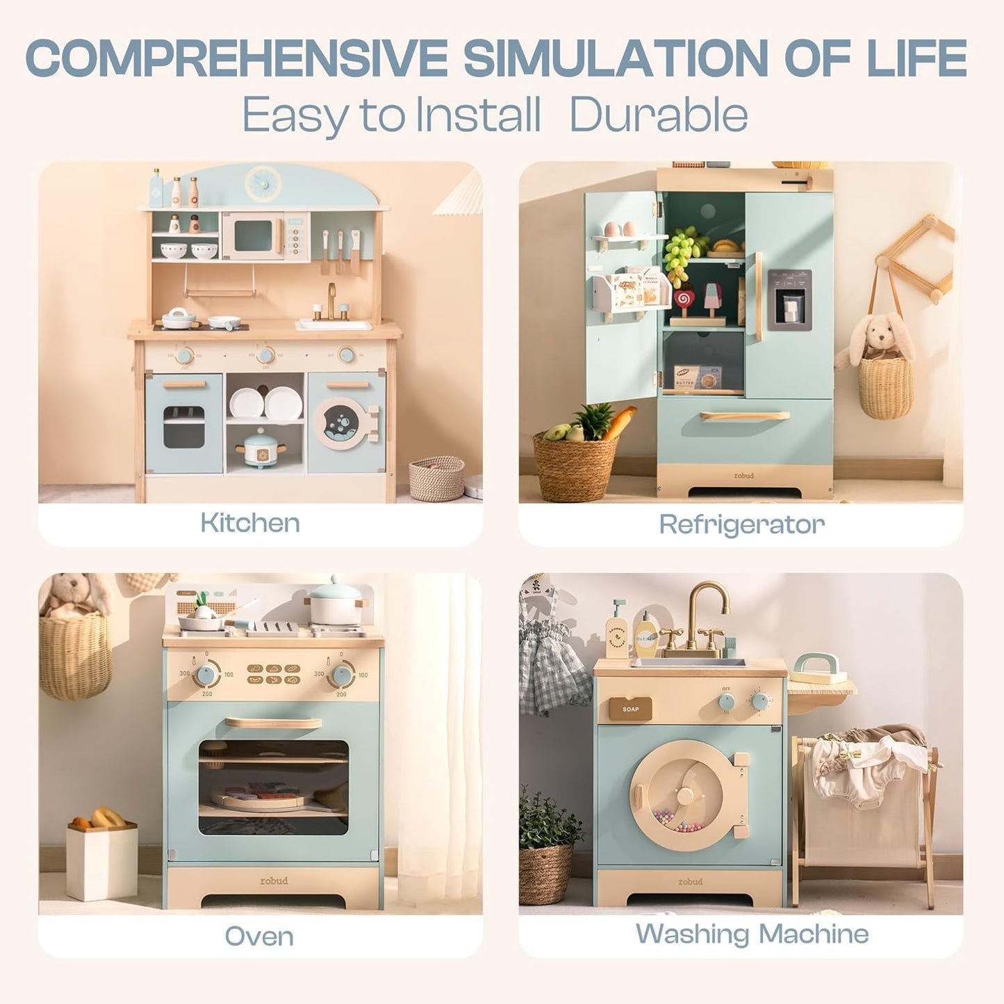 ROBOTIME Wooden Play Kitchen, Toddler Kitchen Playset with Oven, Fridge & Washing Machine, Kids Kitchen Playset Gift for 3+ Year Old Boys & Girls